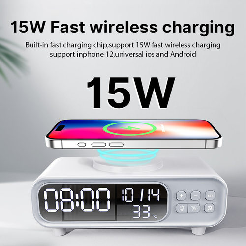 Desk Bedroom Alarm Clock LED Earphone Phone Wireless Charger