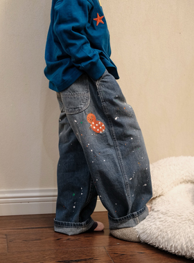 2025春夏DD牛仔裤日系儿童刺绣徽章图案小瓢虫泼墨口袋直筒牛仔裤