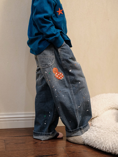 2025春夏DD牛仔裤日系儿童刺绣徽章图案小瓢虫泼墨口袋直筒牛仔裤