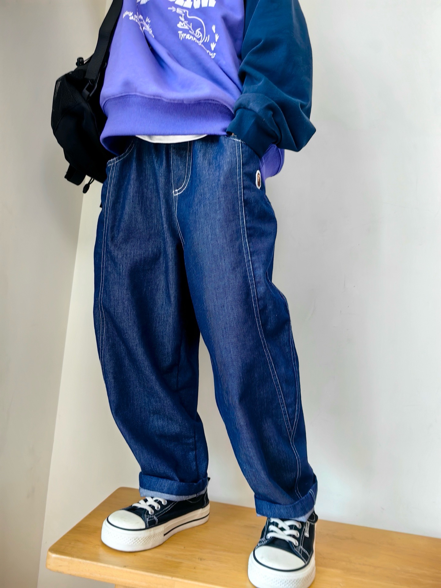 25秋装儿童微弹不掉色牛仔裤中大童宽松哈伦长裤男童女童百搭童裤