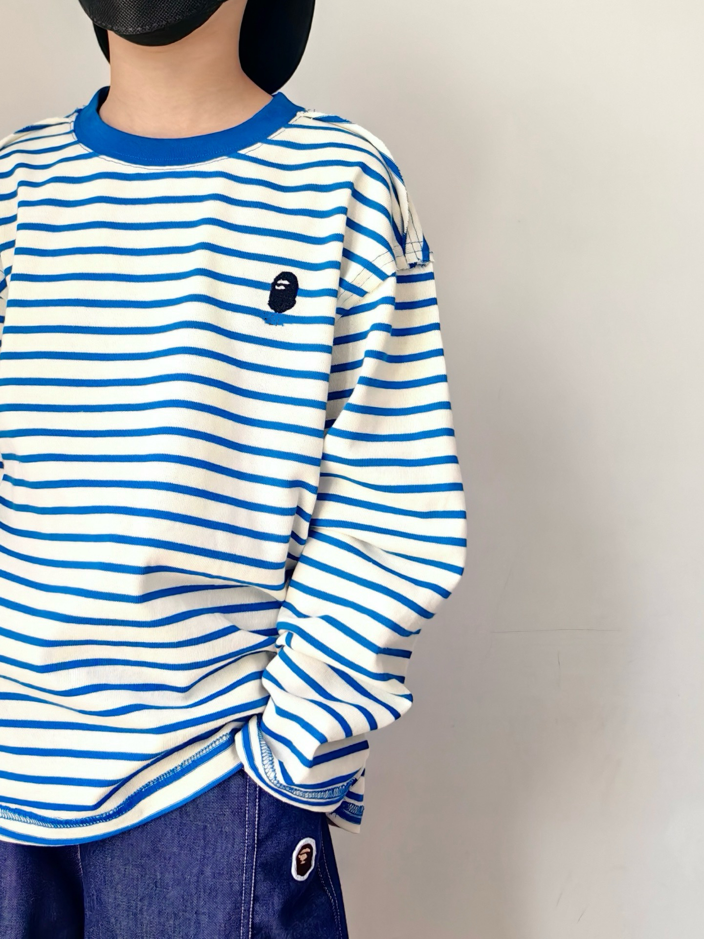 25秋冬童装男童女童重磅条纹T海军蓝绣花儿童长袖厚T中大童打底衫
