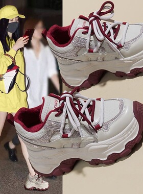 2026年新款春季超火水钻厚底老爹鞋女增高9cm百搭透气运动休闲鞋