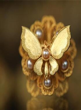 镀金镶嵌蝶恋花可调开口戒指汉服配饰古风首饰新娘婚庆指环