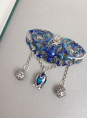 烧蓝滴胶工艺莲花流苏锁吊坠复古民族风蓝莲花民族风坠子