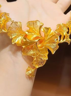 铜镀金中式婚礼新娘配饰流苏银杏叶项链耳环手链结婚套装送女友