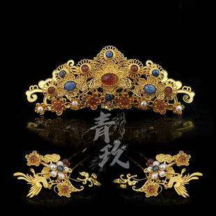 黄铜镀金 明制多宝发冠贵女套装百搭古风发冠掩鬓发簪汉服头饰