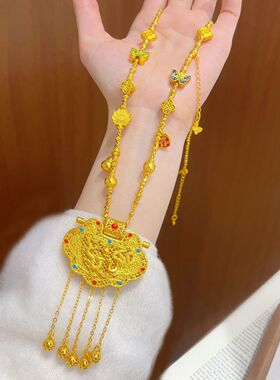 黄铜镀金珐琅彩天子门生蝴蝶多宝蹦迪珠项链龙凤锁包毛衣链送女