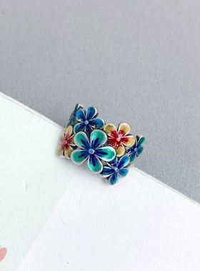 珐琅戒指繁花似锦花朵大气银戒景泰蓝复古民族风纯手工指环