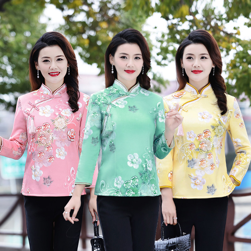 妈妈民族风短款改良旗袍上衣女复古立领盘扣唐装外套时尚印花小衫