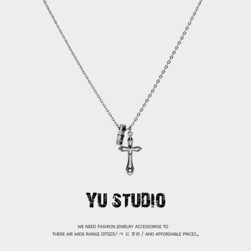 YUSTUDIO钛钢锆石十字架男女项链