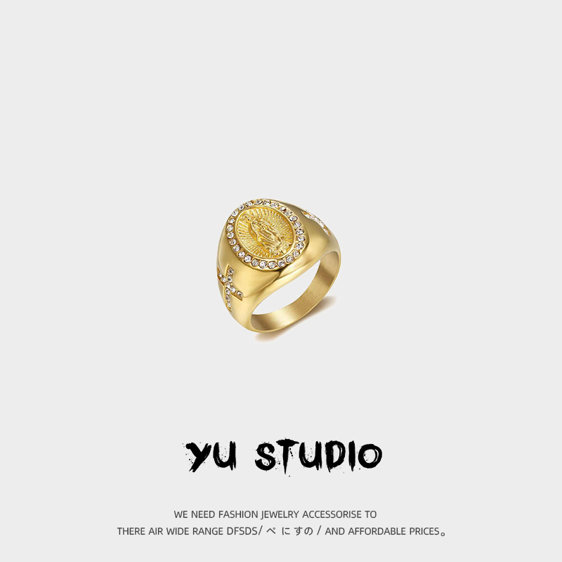 YUSTUDIO钛钢镀金欧美嘻哈戒指