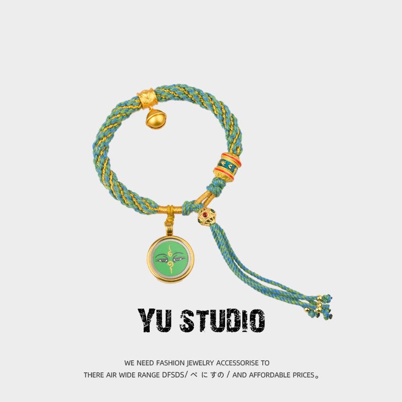 YUSTUDIO西藏手绘黄铜唐卡绿度母手链转经轮本命年转运手绳饰品
