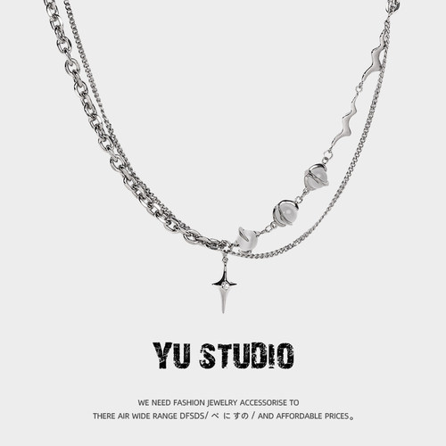 YUSTUDIO钛钢星芒中性月光石项链