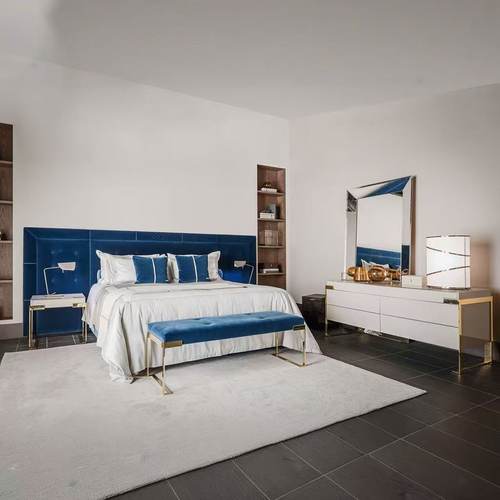 别墅家具定制意大利家具布艺床定制轻奢床蓝色软包床时尚现代床