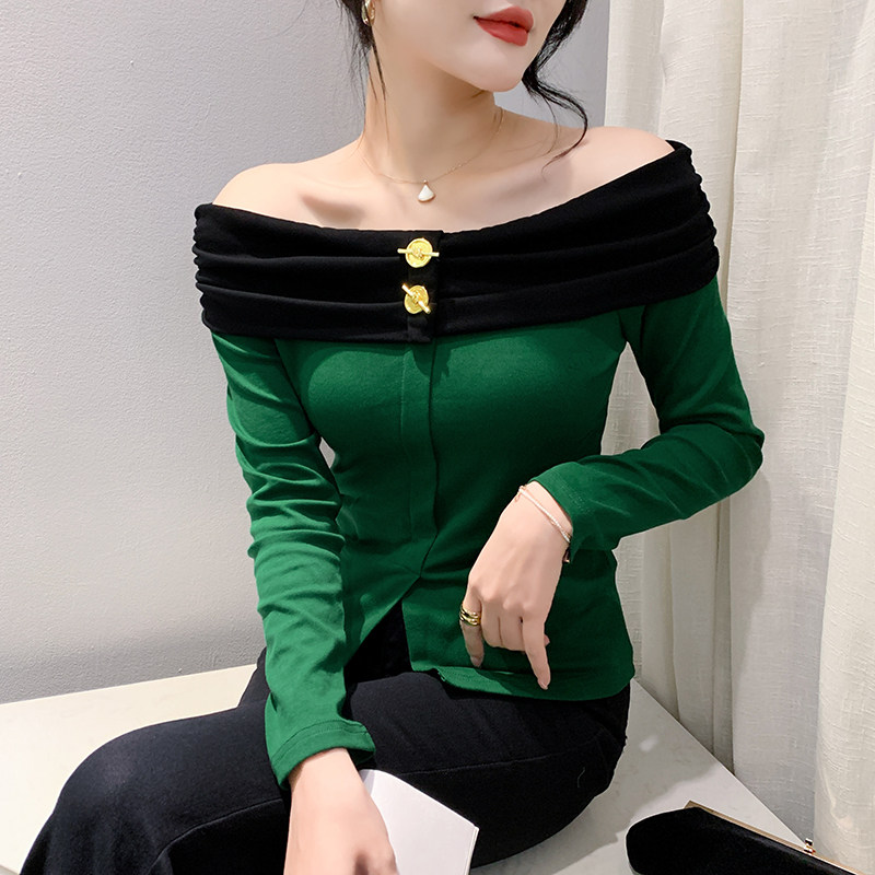 一字肩长袖T恤开叉百搭露肩上衣