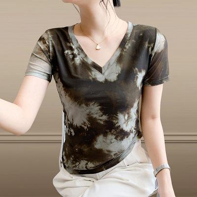 扎染定位印花薄款网纱短袖T恤女
