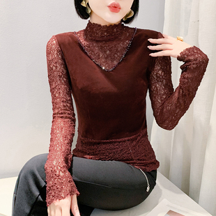 安可拉红半高领丝绒拼接蕾丝长袖T恤女气质修身显瘦百搭打底上衣