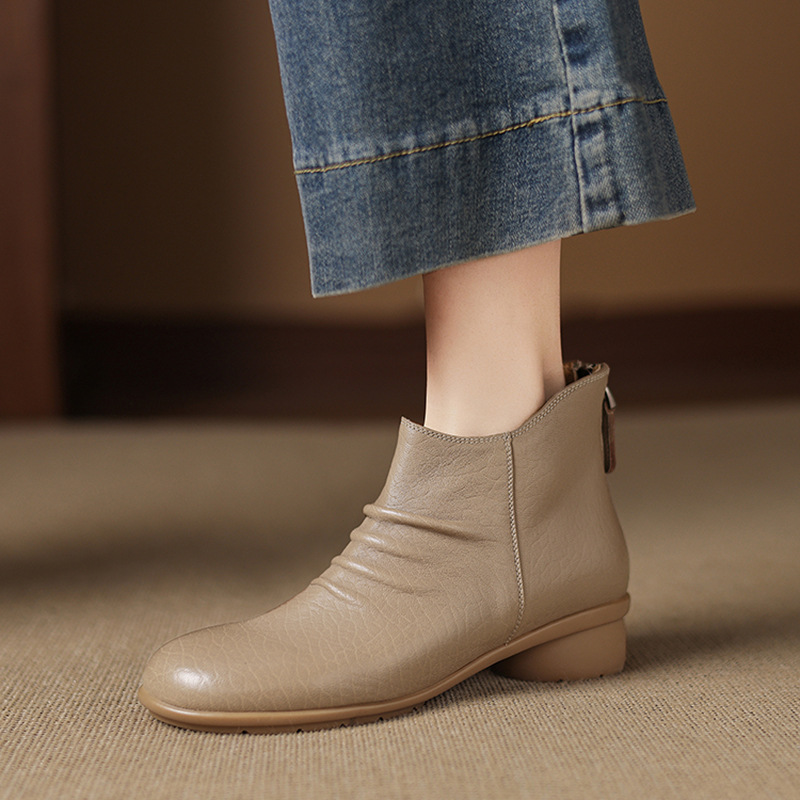 法式复古羊皮小短靴女秋冬女靴粗低跟及踝靴子马丁靴软底褶皱女靴