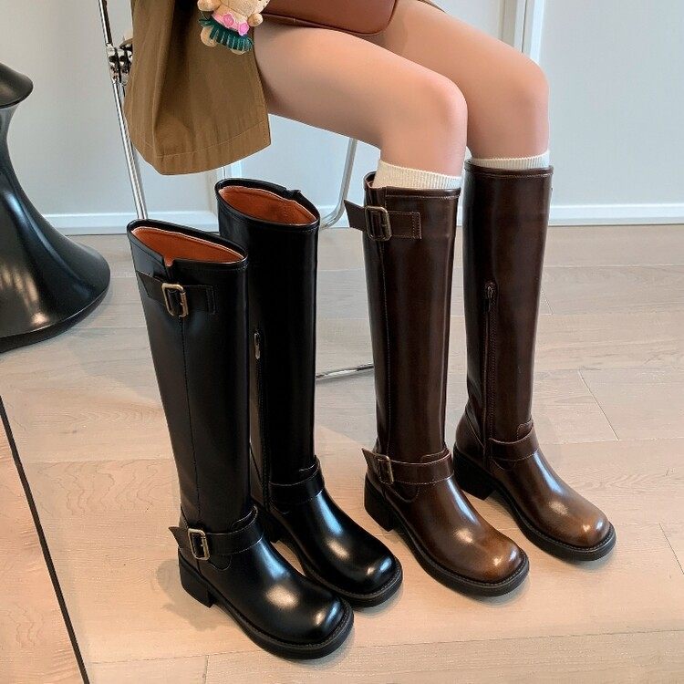 皮带扣直筒时尚女骑士靴新款擦色牛皮bai搭中跟侧拉链女及膝高筒,运动/瑜伽/健身/球迷用品,广场舞鞋,淘宝优惠券,粉丝福利购,淘宝优惠卷