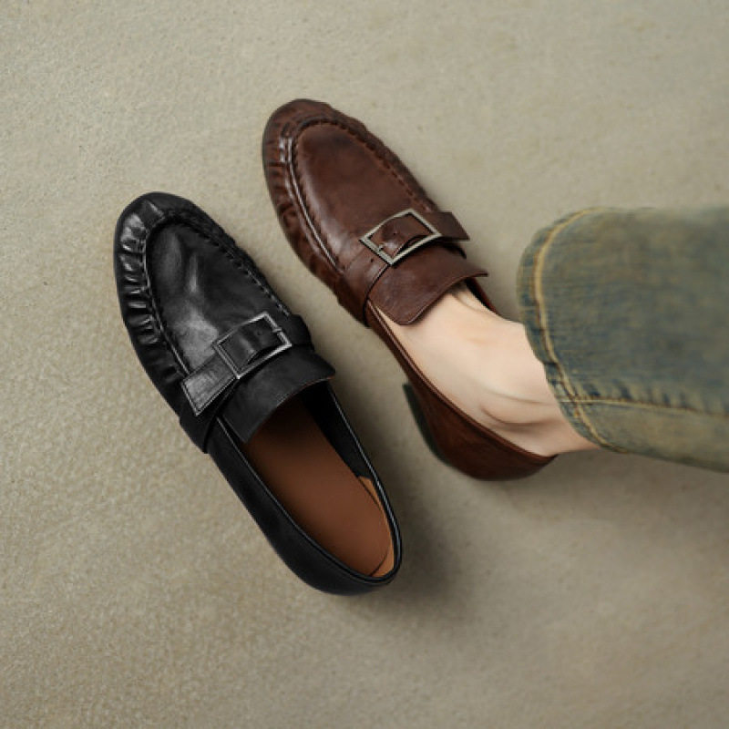 老钱风女新款头层油蜡牛皮手工缝线低跟小皮鞋褶皱通勤懒人乐福鞋,居家布艺,居家婚庆拖鞋,淘宝优惠券,粉丝福利购,淘宝优惠卷