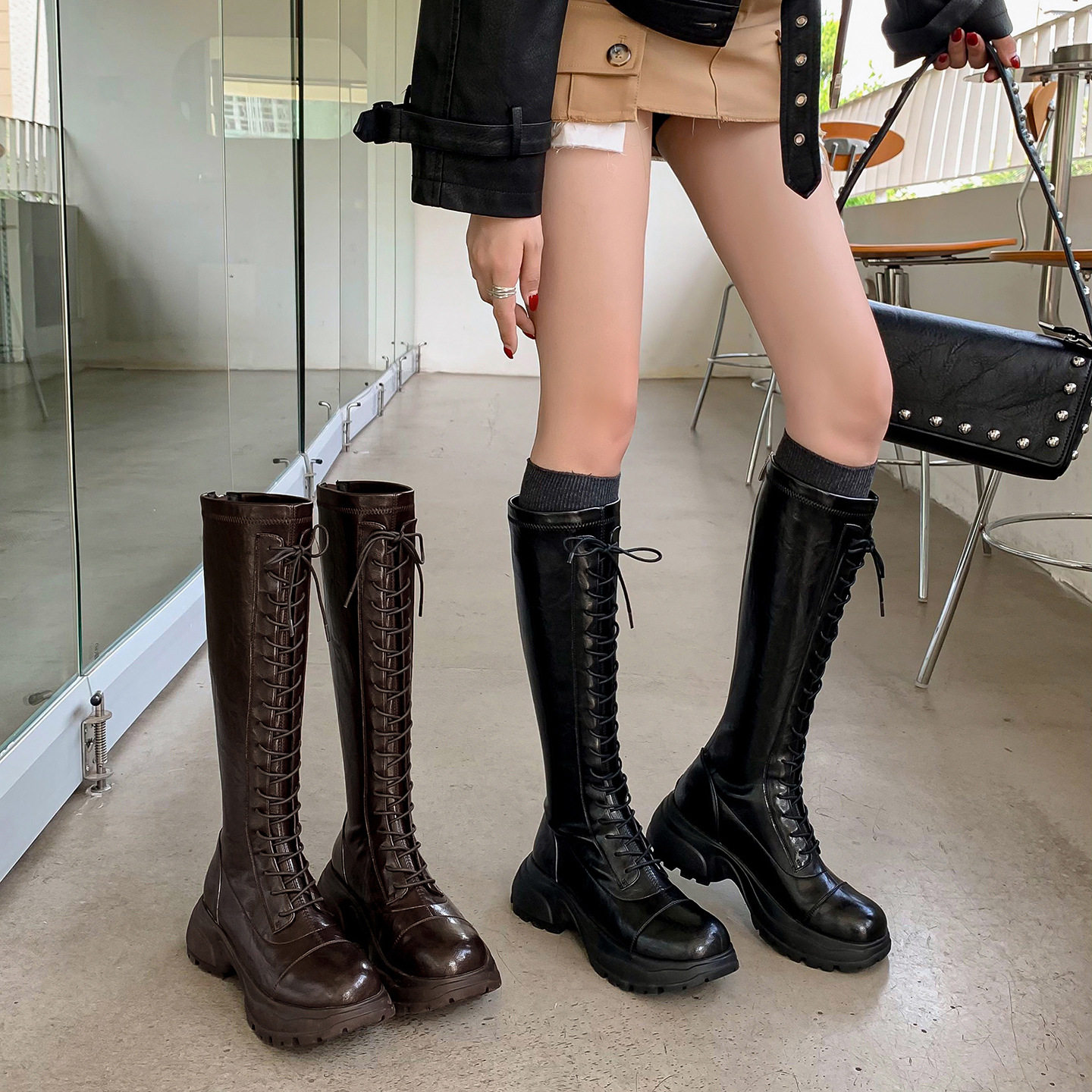 2025年新款百搭潮流长筒靴交叉系带时尚骑士靴休闲瘦腿利器高筒靴,居家布艺,居家婚庆拖鞋,淘宝优惠券,粉丝福利购,淘宝优惠卷