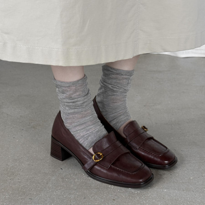 6cm粗跟棕色高跟乐福鞋女春秋新款小皮鞋通勤英伦风真皮女士单鞋