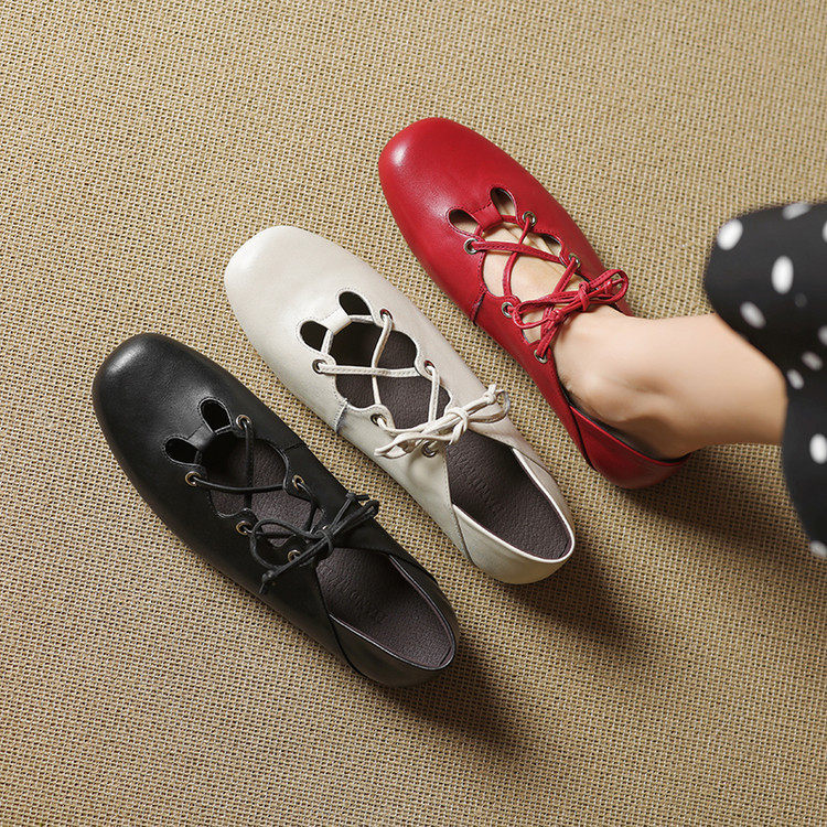 胎牛皮系带方头低跟镂空芭蕾舞鞋2025春浅口时尚交叉绑带罗马单鞋,女鞋,马丁靴,淘宝优惠券,粉丝福利购,淘宝优惠卷