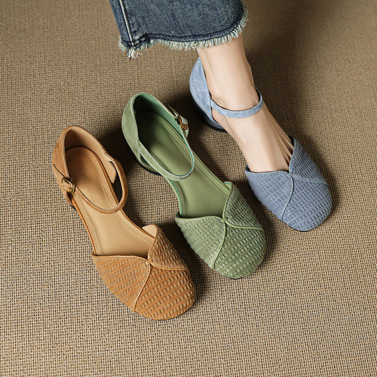包头凉鞋女夏季2025圆头低跟粗跟真皮中跟蓝色40绿色一字扣磨砂皮,居家布艺,居家婚庆拖鞋,淘宝优惠券,粉丝福利购,淘宝优惠卷