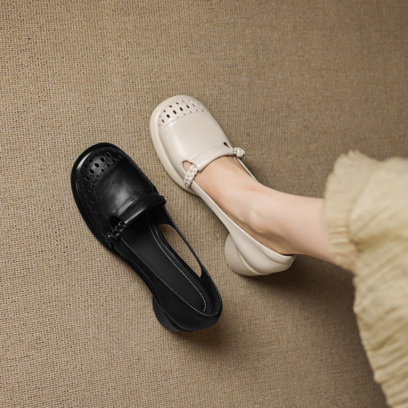 巨舒服法式绝美真皮编织镂空玛丽珍鞋2025新款粗跟高跟单鞋女鞋子