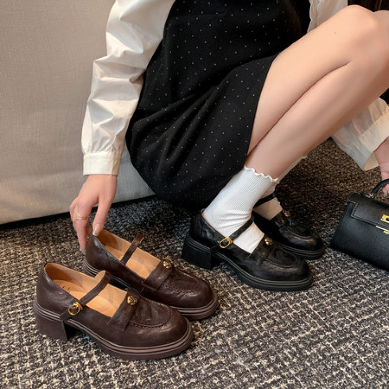 法式复古学院风厚底乐福鞋小皮鞋粗跟单鞋女小香风真皮一字扣圆头