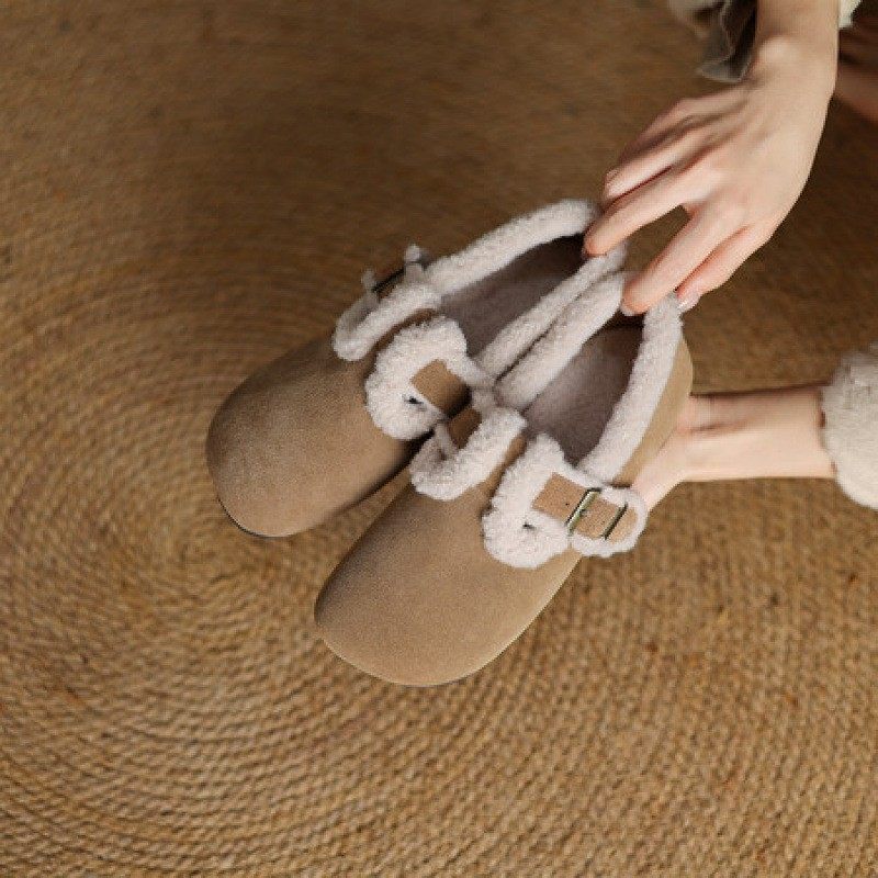 1cm巨美自留～！复古皮带扣软底勃肯单鞋冬季保暖加绒毛毛鞋