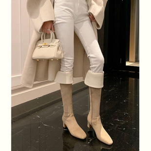 韩版 高跟过膝靴磨砂大筒围两穿翻折粗跟长筒靴潮 靴子女2025新款