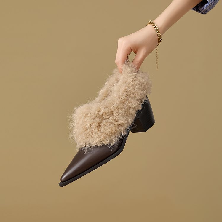 秋冬保暖加绒保暖毛毛领口小皮鞋法式羊皮尖头粗跟高跟鞋毛毛鞋女