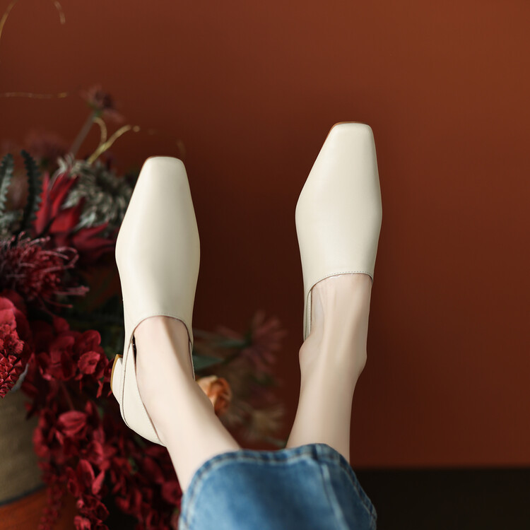 法式复古真皮牛皮单鞋女方头粗跟深口高跟鞋百搭米色两穿穆勒鞋女