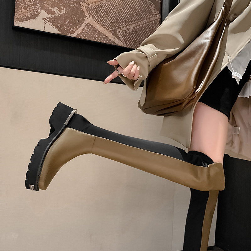 厚底过膝弹力靴女真皮松糕长筒瘦瘦靴2023新款冬季包腿中跟长靴子