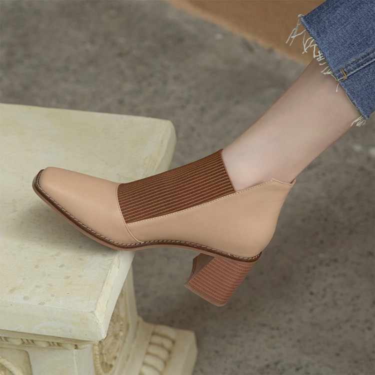 小众设计方头粗跟及踝靴针织拼接高跟短靴秋季时尚复古拼色女单靴,户外/登山/野营/旅行用品,登山鞋/徒步鞋,淘宝优惠券,粉丝福利购,淘宝优惠卷