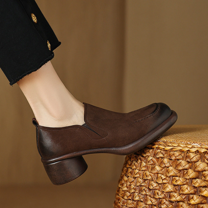 2024年秋季新款真皮圆头厚底粗跟单鞋女复古风百搭擦色深口小皮鞋,童鞋/婴儿鞋/亲子鞋,帆布鞋,淘宝优惠券,粉丝福利购,淘宝优惠卷