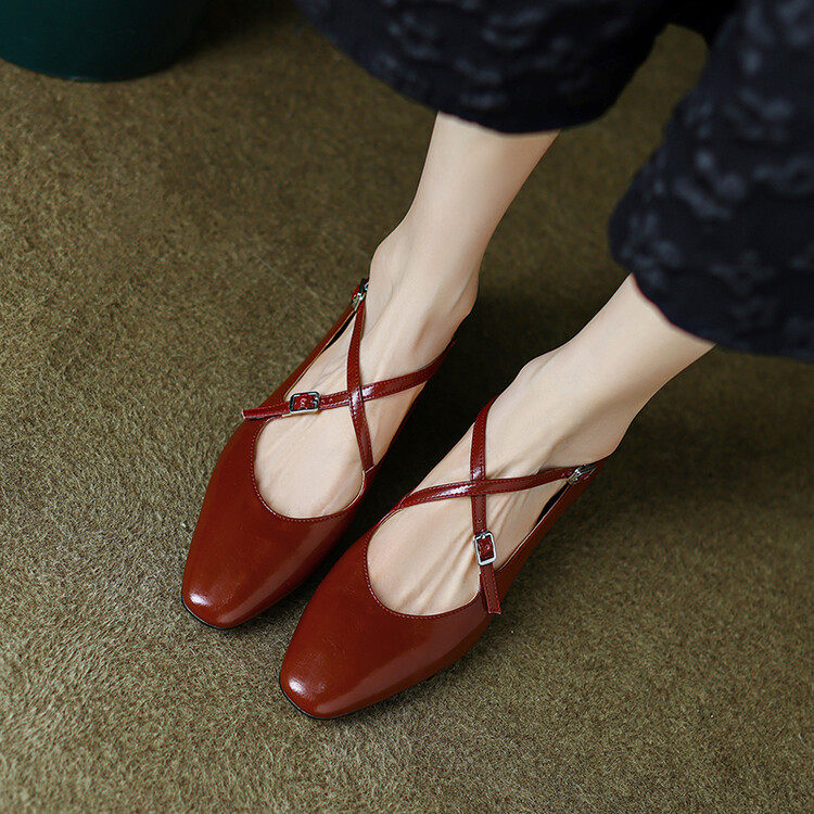 法式圆头粗跟交叉绑带玛丽珍鞋复古浅口红色平底鞋新款真皮单鞋女,居家布艺,居家婚庆拖鞋,淘宝优惠券,粉丝福利购,淘宝优惠卷