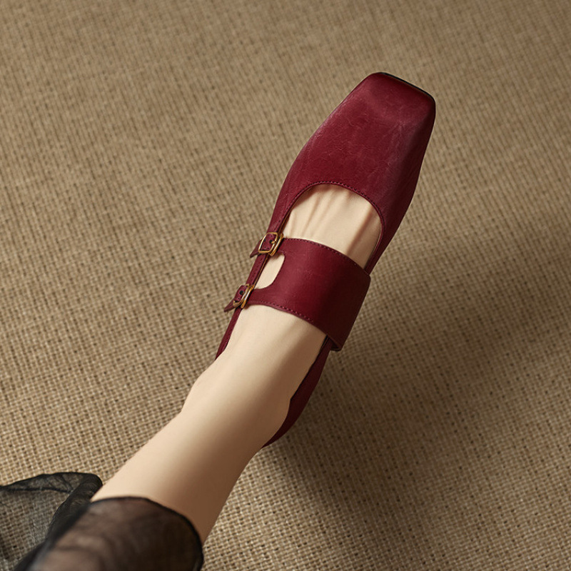 法式复古羊皮单鞋女浅口2025新款小皮鞋低跟平底鞋一字带玛丽珍鞋