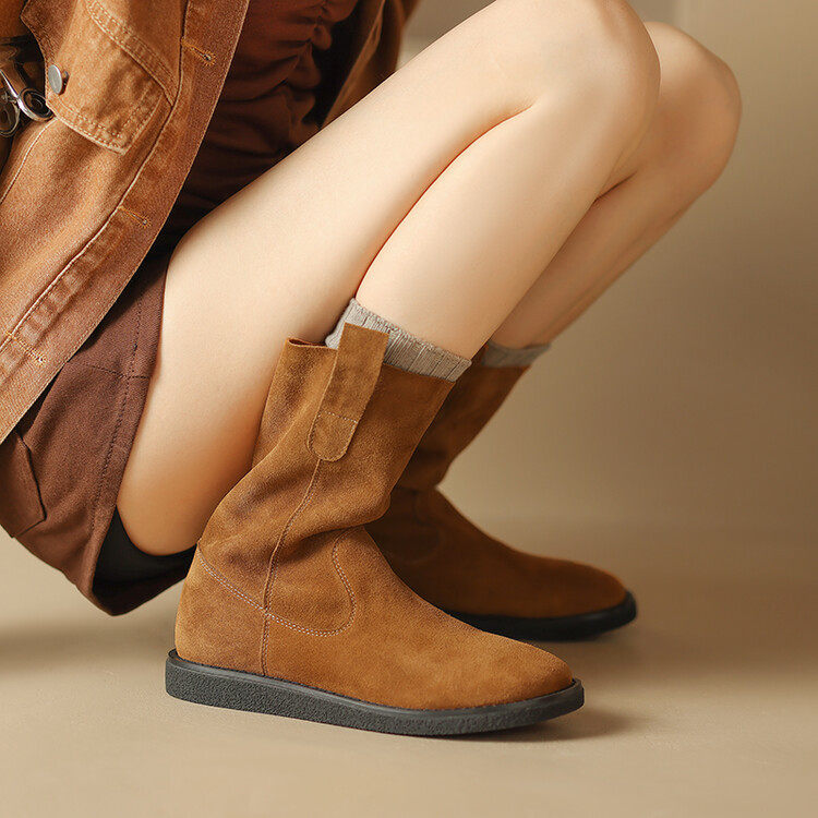 平跟牛反绒中筒靴时尚拼接套筒大筒低跟休闲简约时装靴秋冬女靴,女鞋,马丁靴,淘宝优惠券,粉丝福利购,淘宝优惠卷