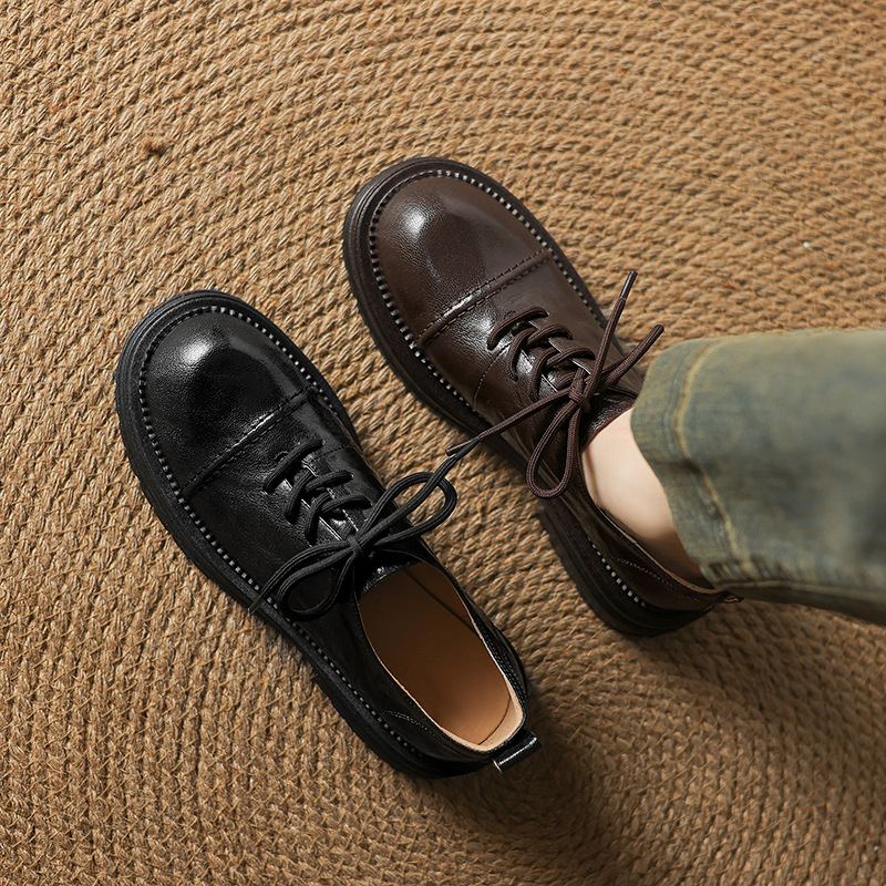 森诗和匠小羊皮厚底深口单鞋女系带小皮鞋2025春季新款黑色乐福鞋