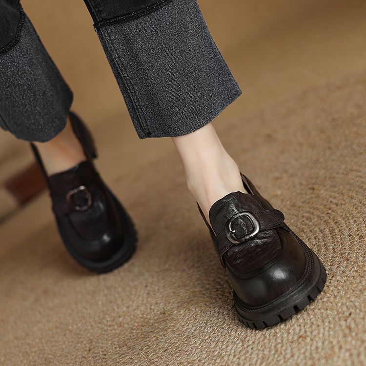 英伦乐福鞋女士圆头中粗跟真羊皮2024新款秋冬今年流行单鞋小皮鞋