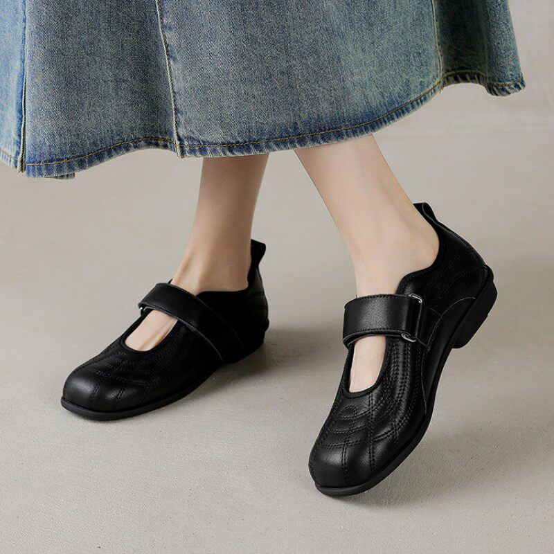 头层牛皮！银色休闲运动玛丽珍鞋女2025新款圆头一字带魔术贴单鞋