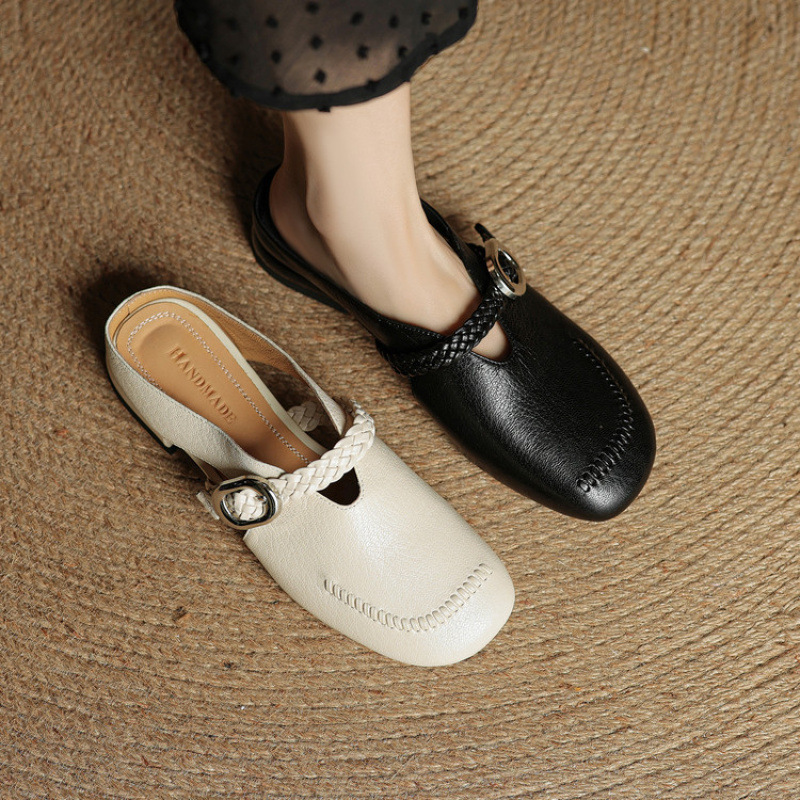 法式复古舒适圆头低粗跟真皮包头凉拖鞋女2025新款夏季软底白黑色