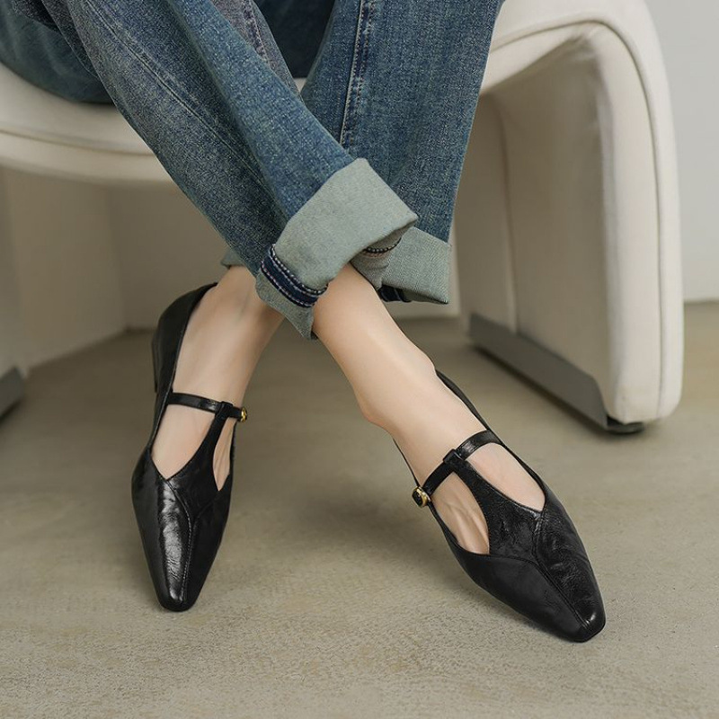 巨软~美拉德复古小羊皮T字带玛丽珍小皮鞋法式尖头粗跟浅口单鞋女
