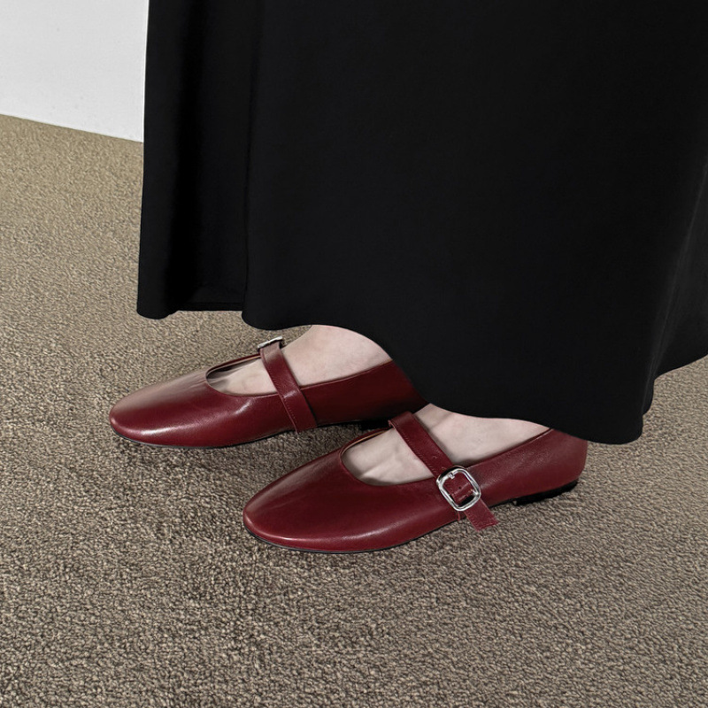 法式优雅低跟小皮鞋女2025春新款真皮圆头浅口单鞋一字带玛丽珍鞋