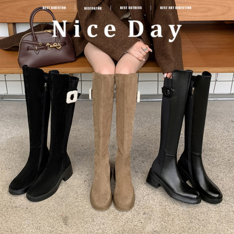 女士显腿长腿直时尚2025圆头方跟高跟高筒长靴子及膝靴优质时装靴