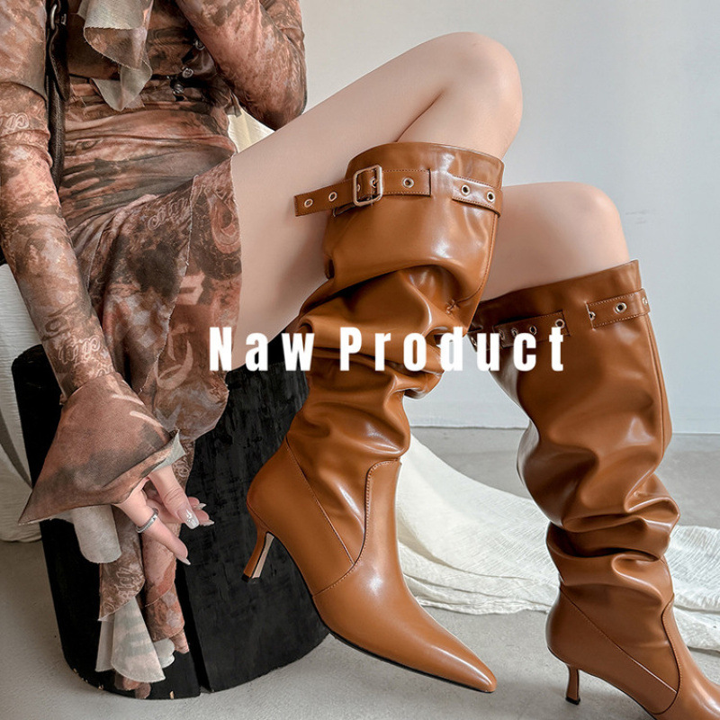 法式细高跟长靴2025秋冬新款尖头堆堆靴褶皱高筒靴子不累脚