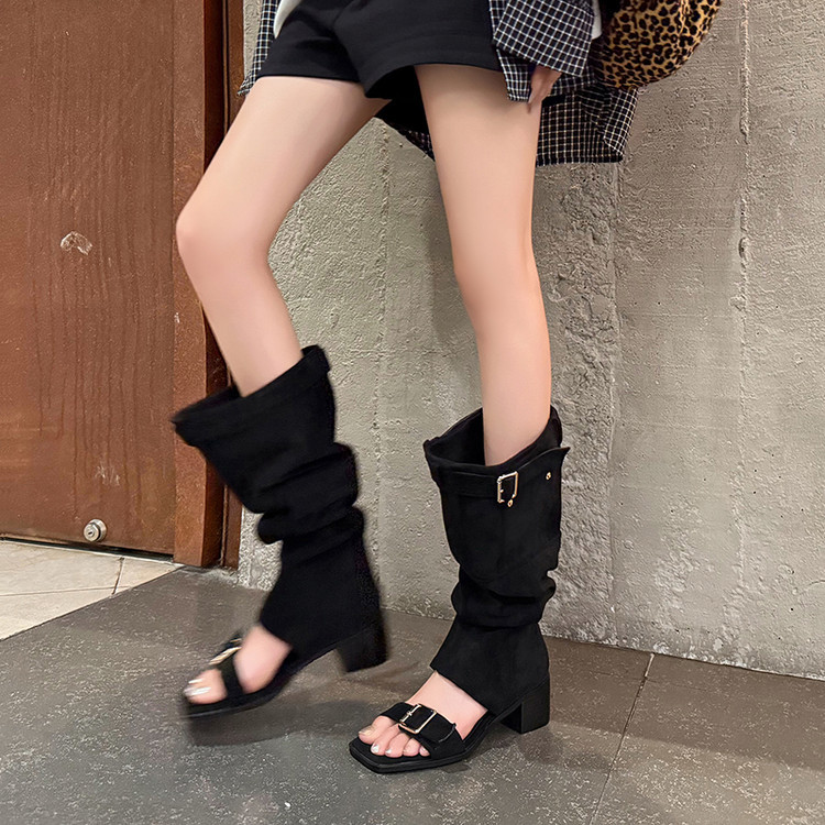 夏天配裙子堆堆靴粗跟长筒靴子女夏季凉靴西部牛仔靴高筒靴裤管靴