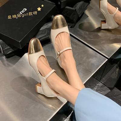 真皮气质法式晚风小香风银色单鞋女2024夏季新款粗跟高跟玛丽珍鞋